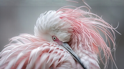 Wall Mural -   A close-up of a pink and white bird with feathers on its head and neck against a gray background