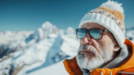 A person in a knitted pom-pom hat and orange jacket stands amidst a snowy mountain landscape, demonstrating the serene beauty and adventure of winter exploration.