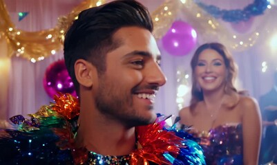 Poster - Young handsome man in colorful carnival costume smiling at camera at party