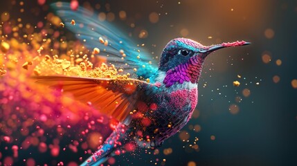 Wall Mural -   A vibrant hummingbird in flight, its wings adorned with water bubbles spread wide