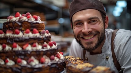 A male chef with a joyful expression presents a beautifully decorated, multi-tiered cake adorned with raspberries and chocolate, reflecting his mastery in baking and pastry art.