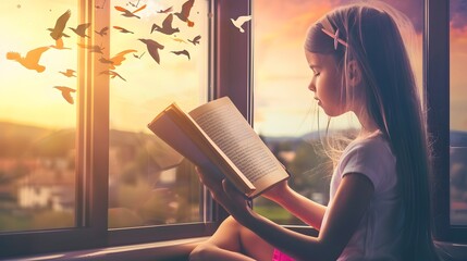 Young girl reading a book by the window with birds flying outside.