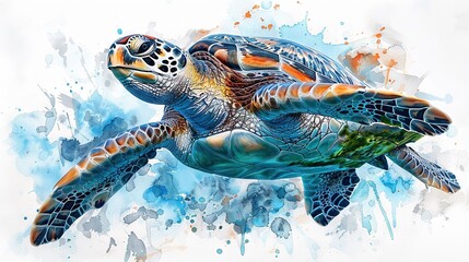 Wall Mural -   Watercolor turtle splash colors blue, green, orange