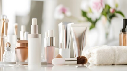 Various beauty products and a makeup brush on a vanity table.