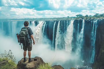 Adventurer taking in the majestic waterfalls of Victoria Falls on the Zambia-Zimbabwe border.