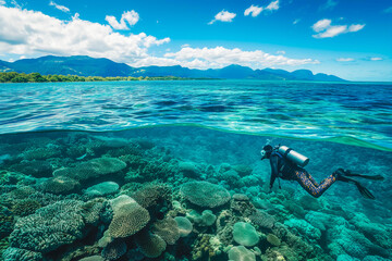 Diver exploring the clear waters of the Great Barrier Reef, Australia.