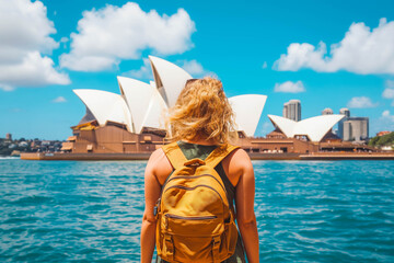 Sightseer in front of the Sydney Opera House in Australia.