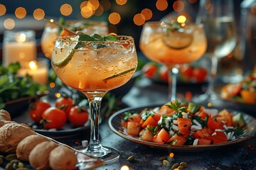 Wall Mural - a table with plates of food and drinks.