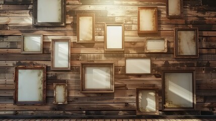 Poster - Paper and picture frames on the timber wall