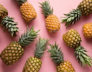 Colorful fruit pattern of fresh pineapples on pink background From top view