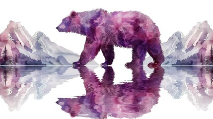 Wall Mural -   A watercolor depiction of a bear positioned before majestic mountains, mirrored in a serene waterbody