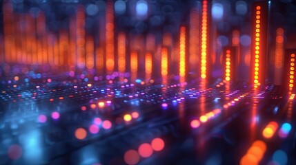 Wall Mural - Glowing 3D Equalizer Bars in a Dark Environment with Advanced Background