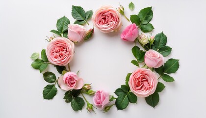 Wall Mural - round frame wreath pattern with roses pink flower buds branches and leaves isolated on white background flat lay top view