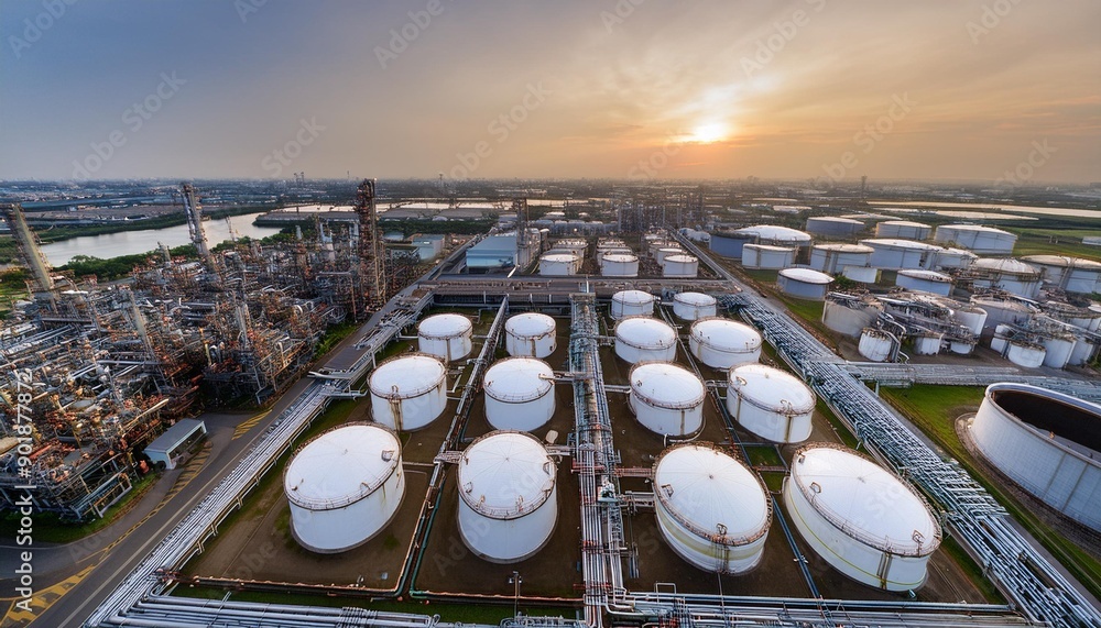 Top down flatlay view of pipelines storage tanks laid out throughout ...