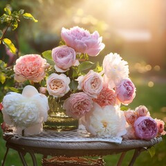 Wall Mural - Sunlit vintage garden, floral arrangement with roses and peonies, soft focus, morning light