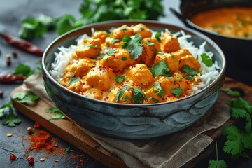 Poster - A bowl of curry with rice and green herbs