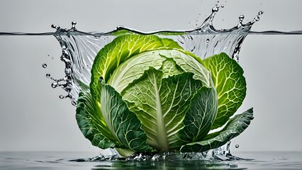 Wall Mural - A green cabbage splashes into water, creating a crown of droplets.