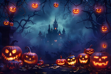 Wall Mural - Spooky halloween illustration, pumpkins castle, dark, cartoon style for kids. 