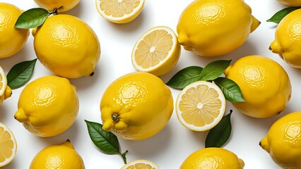 Wall Mural - Fresh juicy lemons with leaves on white background.