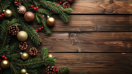 Canvas Print - Festive Holiday Theme with Fir Branches and Ornaments on Wooden Background