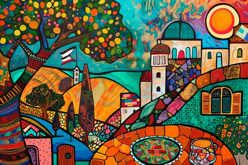  symbols of Lebanon. Include elements such as the Cedars of Lebanon, a plate of tabbouleh, the Jeita Grotto, a Lebanese flag, a traditional Lebanese house with red tiles, and a cup of Lebanese coffee. 