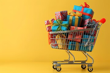 A shopping cart full of presents is on a yellow background