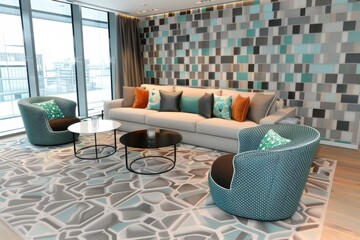 Wall Mural - modern lounge area with colorful furniture geometric patterns and natural light creating a vibrant a