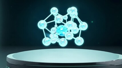 Wall Mural - a holographic molecular model floats above a circular platform inside a futuristic neon lit glass di