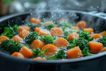 Wall Mural - A pot of vegetables is boiling in a pan