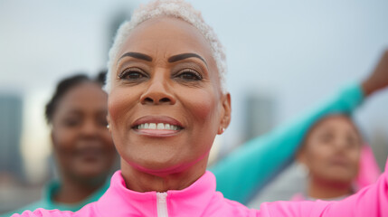 Elderly african american woman happily exercises outdoors with friends in colorful sportswear, exuding joy and energy in a diverse, active group