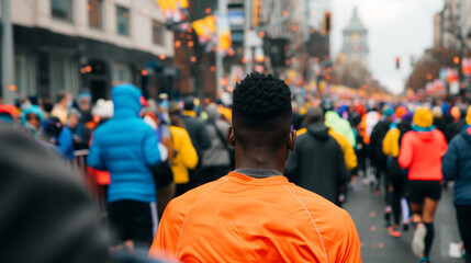 Determined young black man showcases his endurance as he energetically runs a marathon in the city, surrounded by a diverse crowd