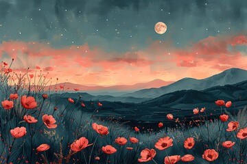 Wall Mural - A painting of a field of red flowers with a large moon in the sky