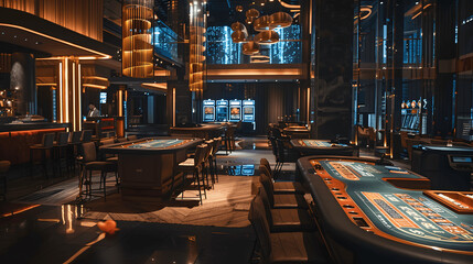 Modern casino floor with variety of gaming tables and ambient lighting