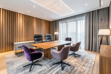 Wall Mural - Modern office with wooden accents sleek furniture and large windows creating a professional and stylish workspace