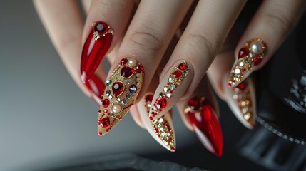 perfect almond shaped manicure ether nails are bedazzled with red garnate crystals and gold for Christmas holidays