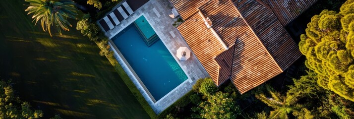 Canvas Print - An aerial view of a luxury villa with a private swimming pool and lush greenery. The image captures a sense of relaxation, tranquility, and wealth.