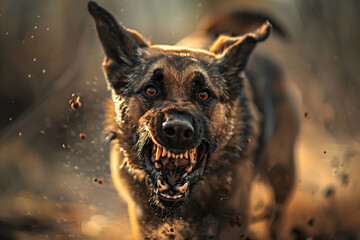 Wall Mural - An aggressive dog growling and attacking, a dangerous dog showing it's teeth