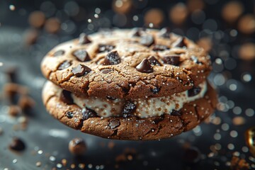 Wall Mural - A cookie with chocolate chips and icing is shown in the air