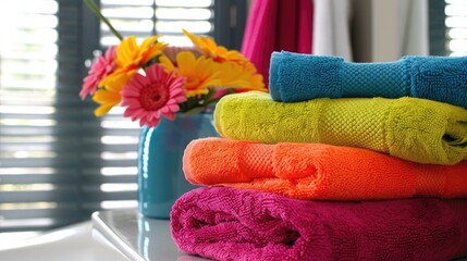 Wall Mural - Arrange vibrant towels on table in bathroom