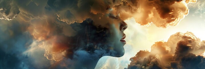 Canvas Print - A surreal image of a woman's face merging with the sky and clouds, symbolizing dreams, imagination, freedom, spirituality, and inner peace.