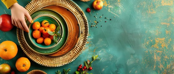 Wall Mural - Table Setting with Citrus Fruits and Rustic Plates