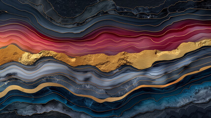 Closeup on the intricate layers of an agate stone with striking red and grey and gold color contrast, texture wallpaper