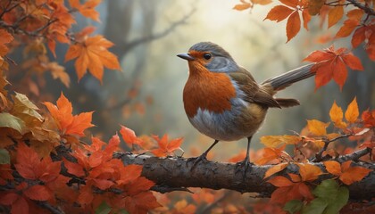 Wall Mural - A vibrant autumn morning with a charming bird among colorful leaves