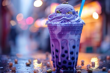 Wall Mural - A purple drink with ice and a blue straw in a plastic cup