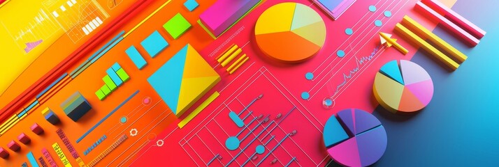 Poster - A vibrant and abstract representation of data using pie charts, geometric shapes, and bright colors. The image symbolizes data analysis, growth, progress,  and the importance of visualizing informatio