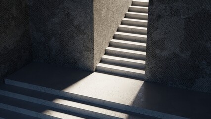 Wall Mural - Bright staircase ascends toward an open doorway, creating a contrast of light and shadow in a minimalist architectural setting. 3d render