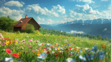 Poster - A charming wooden cabin nestled amidst a vibrant wildflower meadow, showcasing the beauty of nature, peace, and serenity.  The majestic mountains in the background create a breathtaking panorama.