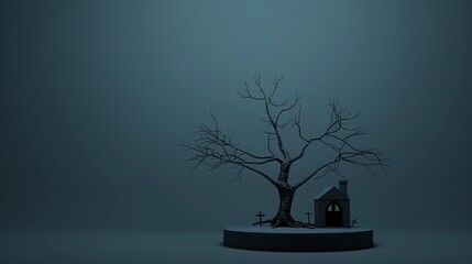 Sticker - An eerie scene of a barren tree with an abandoned house in the background. The blue light casts a mysterious ambiance, symbolizing isolation, mystery, and the passage of time.