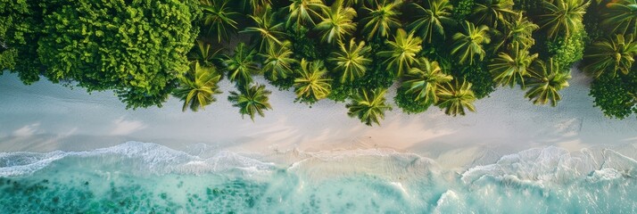 Canvas Print - A breathtaking aerial view showcasing a lush tropical island with vibrant palm trees cascading over a pristine white sand beach and turquoise ocean waters.  The image symbolizes tranquility, escape, p