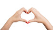 © valiantsin - Hands forming a heart shape, symbolizing love and care. Isolated on a white background, with closeup of fingers showing a romantic gesture. Elegant woman’s hands with red manicure,